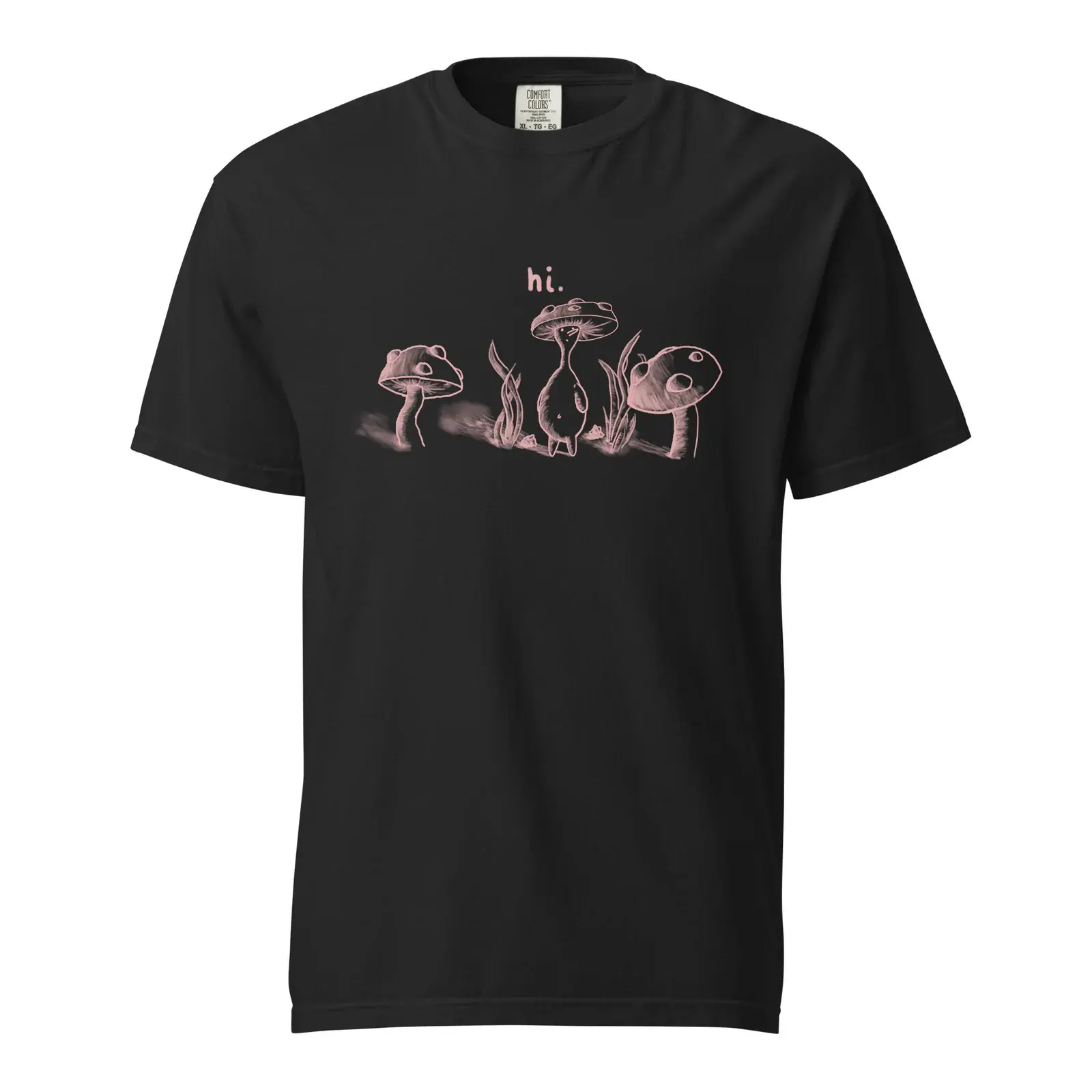 Mushroom Boy hi tee in black, front view