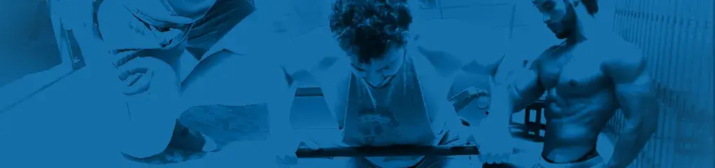 Blue collage of GymDaze full-body training scenes