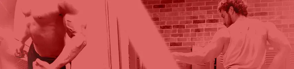 Red collage of GymDaze arm training scenes