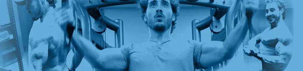 Blue collage of GymDaze chest training scenes