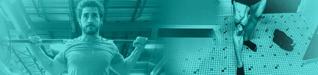 Cyan collage of GymDaze leg training scenes