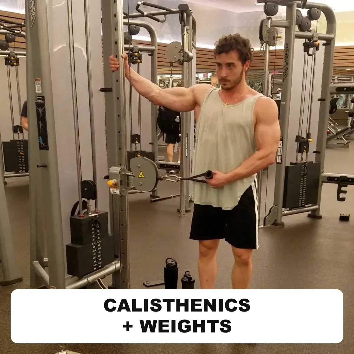 Nick DiVito training with a cable in the gym, with the title Calisthenics + Weights
